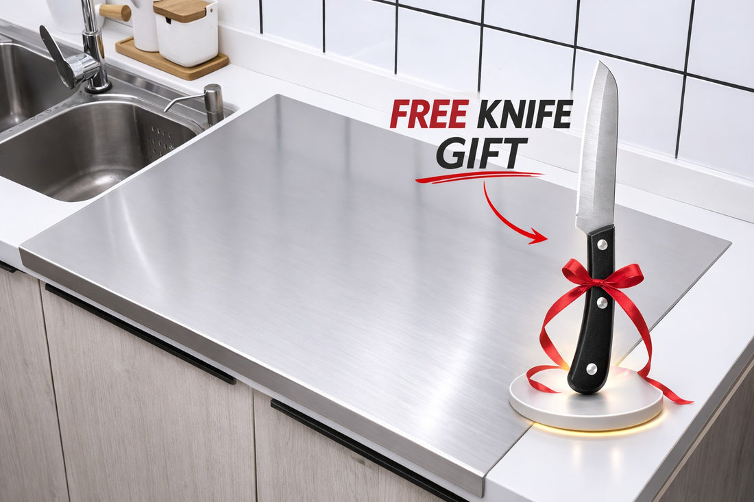 Woman chopping vegetables on stainless steel cutting board in a kitchen in Lahore.